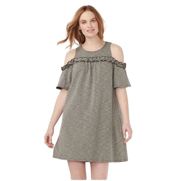 LC Lauren Conrad Cold-Shoulder Ruffle Knit Shift Dress Short Sleeve Scoop Neck - Picture 15 of 15